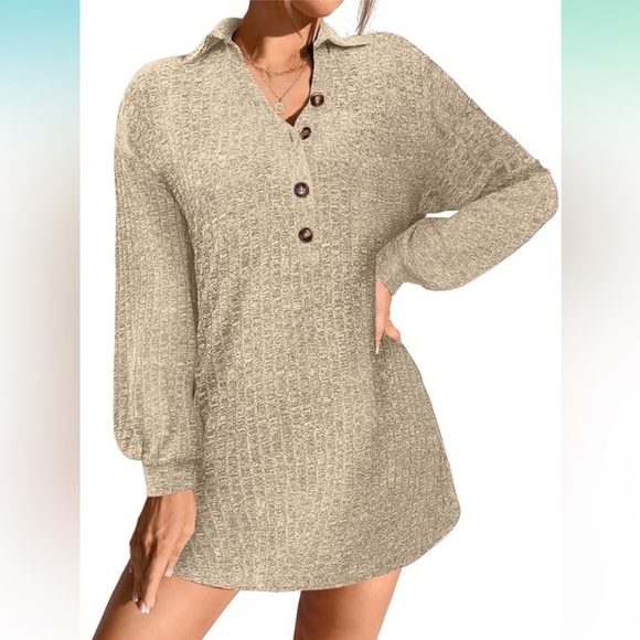 Ekouaer Long Sleeve Ribbed V Neck Button Notch Collar Nightshirt/Nightgown NEW! - Picture 1 of 7